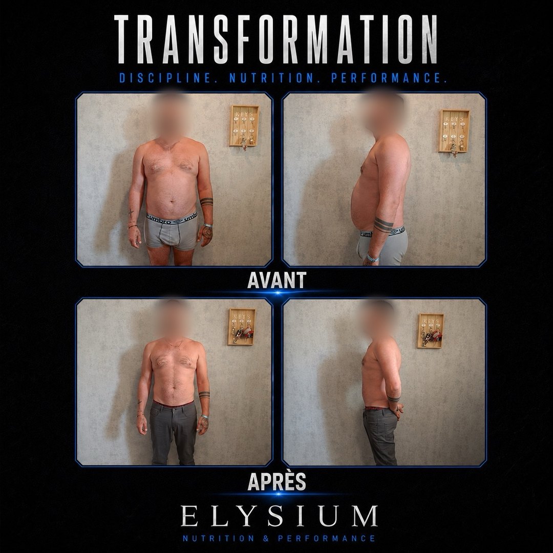 Avant / après, de 99,8 à 82,5 kg, de face et de profil